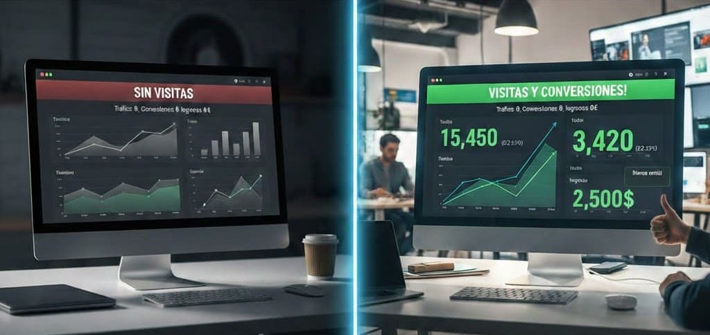 Pantalla dividida - Lado 1: sitio web sin visitas - Lado 2: sitio con visitas y conversiones
